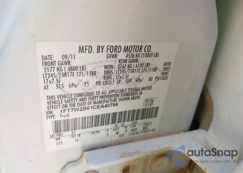 2012 Ford F-250 Xl z USA, uszkodzony, nr VIN 1FT7W2B61CEA40766